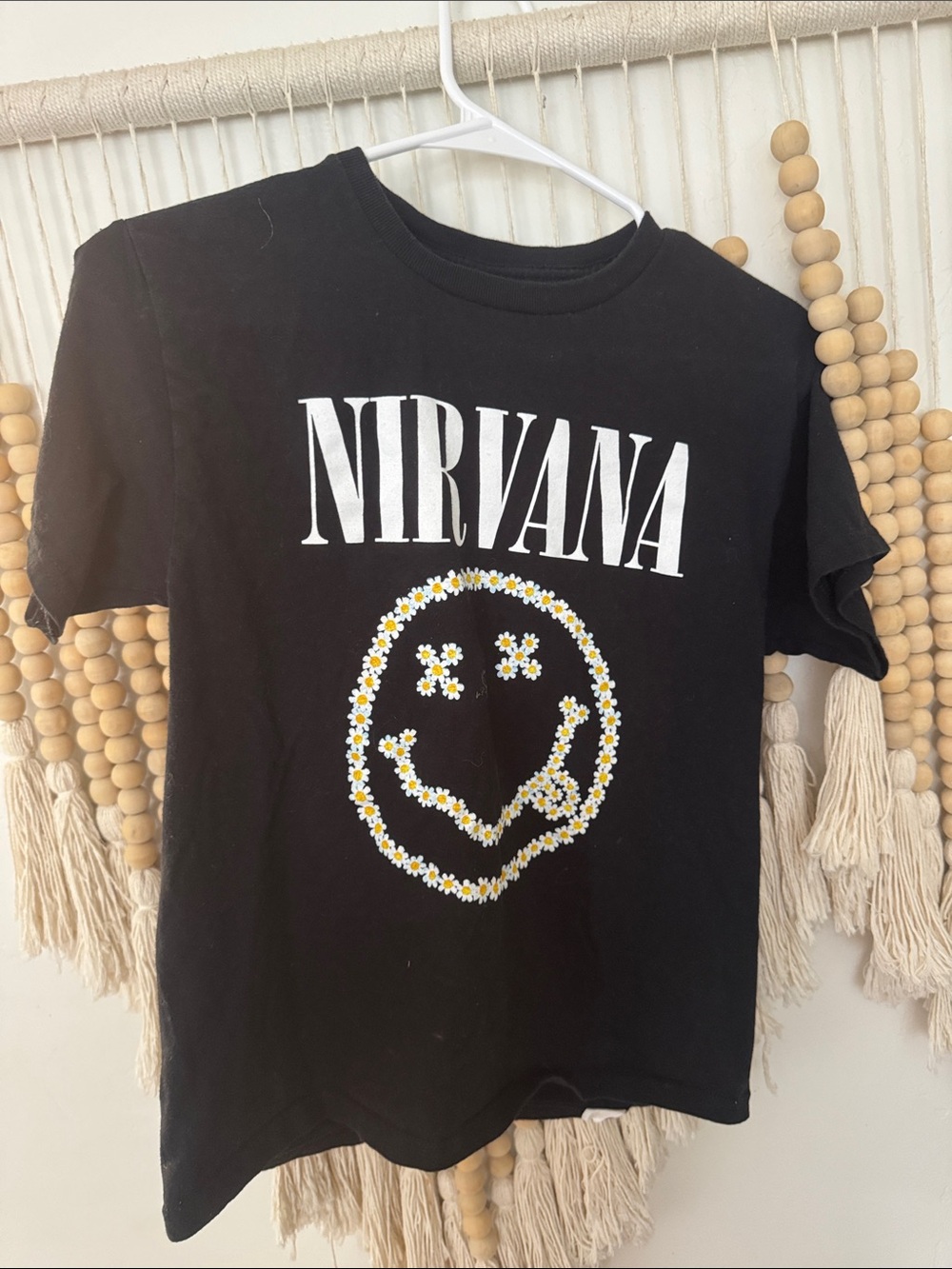 Tilly's Black Tee with White Logo and Daisy Smiley